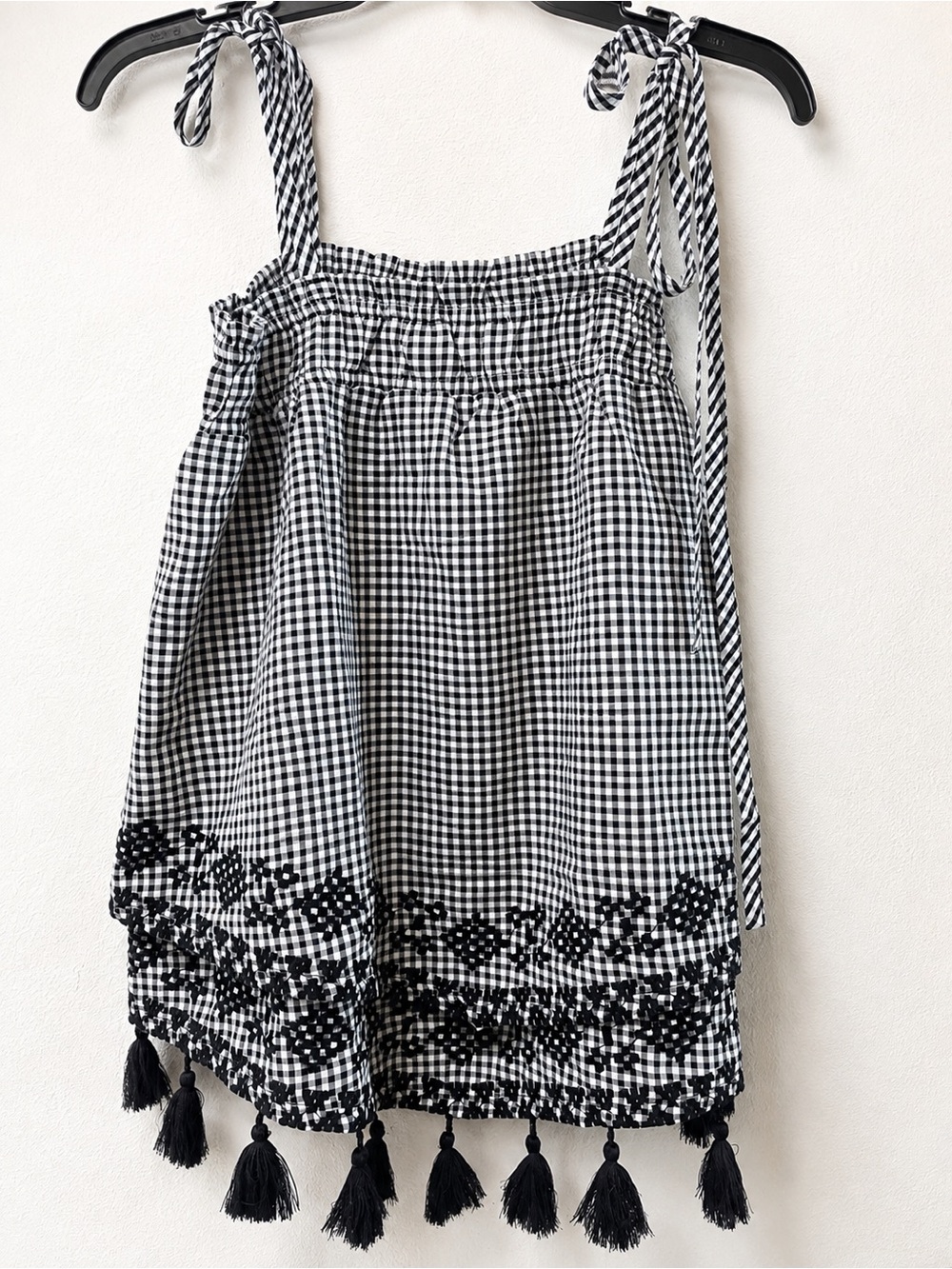 Mazik Black & White Gingham Tie-Shoulder Tank with Tassel Trim